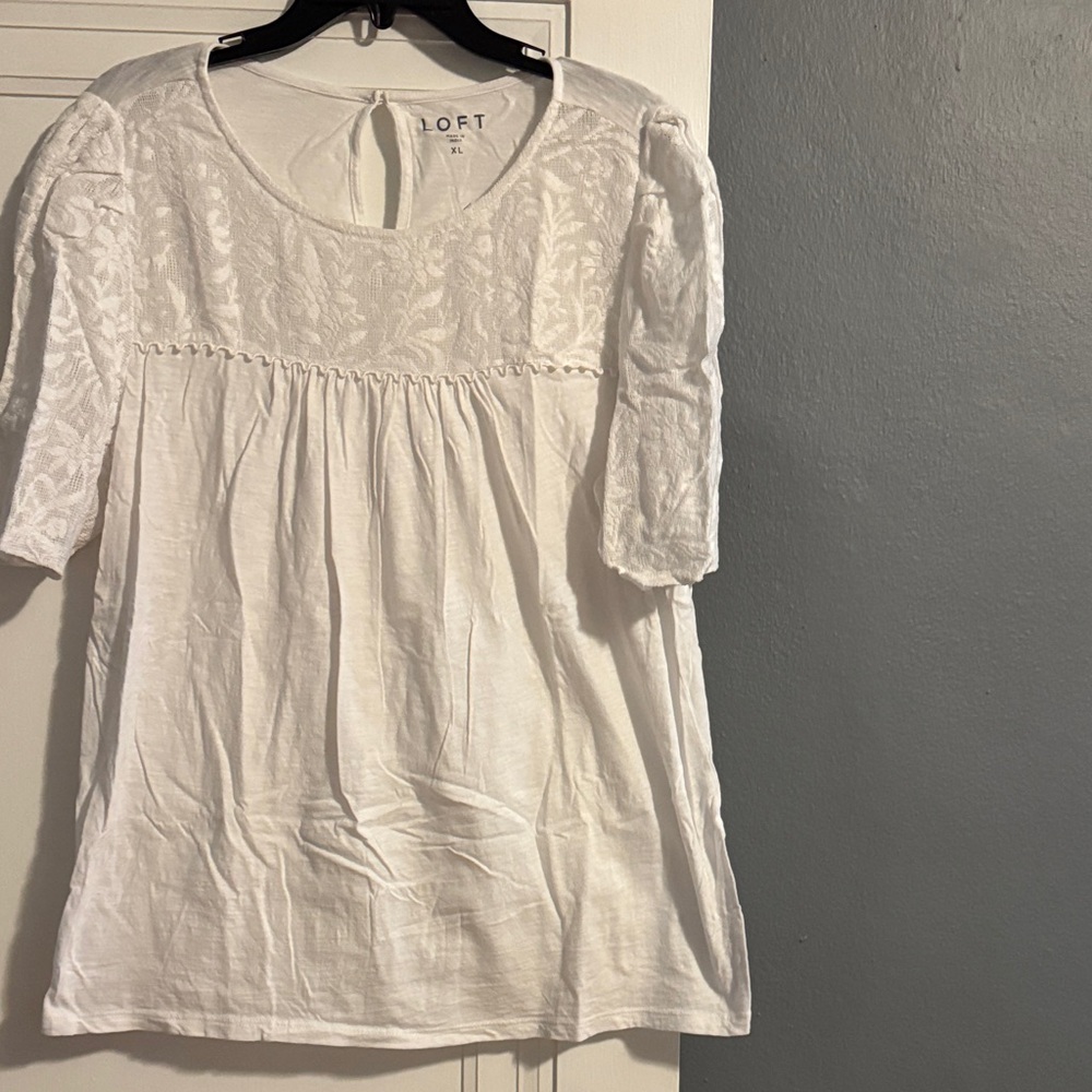 LOFT White Embroidered Peasant Blouse